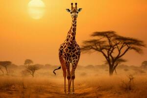 ai genererad giraff gående tvärs över de afrikansk savann ai genererad foto