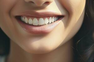 ai genererad stänga upp av en leende med trevlig vit tänder. ai genererad foto