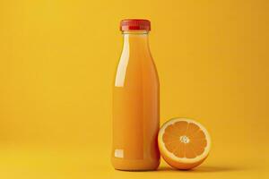ai genererad orange juice flaska på orange bakgrund. ai genererad foto