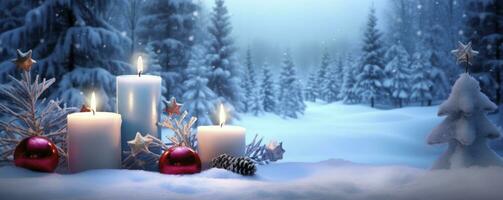 ai genererad vinter- skog landskap med brinnande ljus jul dekoration. ai genererad foto