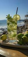 ai genererad fantastisk Foto av cocktail mojito, en solig sommar strand i de bakgrund. generativ ai