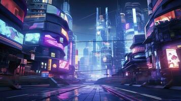 ai genererad en futuristisk, cyberpunk inspirerad stadsbild på natt. ai genererad foto