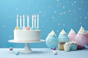 ai genererad födelsedag kaka med ljus och sötsaker på vit tabell nära blå vägg. generativ ai foto
