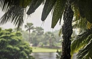 ai genererad regn i de tropikerna under de låg säsong eller monsun säsong. regndroppar i en trädgård. generativ ai foto