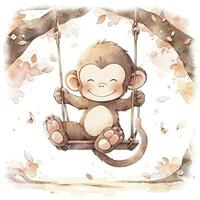 ai genererad söt Lycklig bebis apa på gungor på en träd i vattenfärg. ai genererad foto