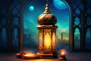 ai genererad ramadan kareem arabicum lykta hälsning kort ai genererad foto