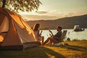 ai genererad vän njuter en sommar camping med vänner, de är ser på kamera och leende, vänner njuter en sommar camping ai genererad foto