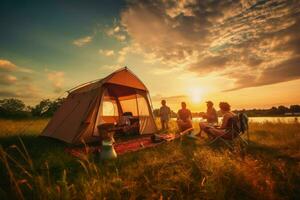 ai genererad vän njuter en sommar camping med vänner, de är ser på kamera och leende, vänner njuter en sommar camping ai genererad foto