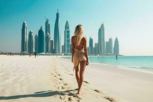 ai genererad skön ung kvinna är gående på de strand i dubai ai genererad foto