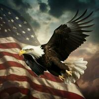 ai genererad skallig Örn flygande med de amerikan flagga ai genererad foto