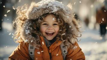 ai genererad en söt bebis flicka bär en vinter- täcka åtnjuter de vinter- väder foto