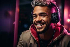 ai genererad smart ung afrikansk amerikan man i tillfällig kläder, lyssnande till musik med hörlurar. foto