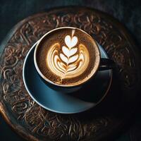 ai genererad kopp av kaffe med latte konst och kaffe bönor på mörk bakgrund. foto