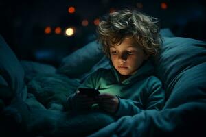 ai genererad unge använder sig av mobil telefon på natt på säng. skärm missbruk begrepp foto
