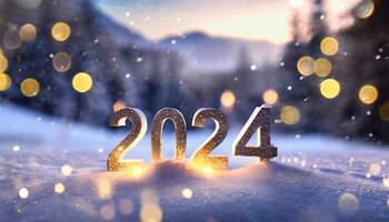 ai genererad de siffror för de år 2024 stå i en vinterlig snöig landskap foto