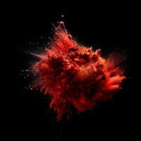 ai genererad röd damm explosion på svart bakgrund foto