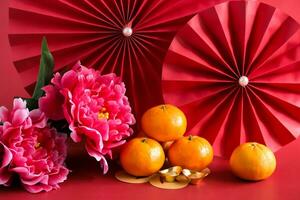 kinesisk ny år av de drake festival begrepp. mandarin orange, röd kuvert, drake och guld göt med röd papper fans. traditionell Semester lunar ny år. foto