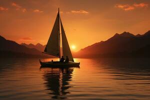 ai genererad segling båt i de sjö på solnedgång. 3d framställa, en par segling på en fredlig sjö som de Sol set, ai genererad foto