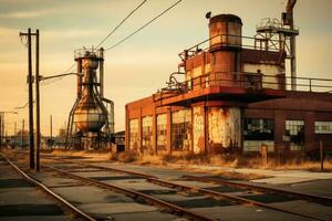 ai genererad industriell landskap med gammal övergiven fabrik i de kväll. tonad, en kontrast av industriell och årgång arkitektur, ai genererad foto