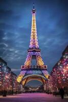 ai genererad jul träd dekorerad med belysning nära de eiffel torn i paris foto