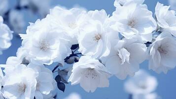 ai genererad vit ro blomma mot blå himmel bakgrund foto