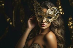 ai genererad skön kvinnor bär karneval mask på fest bakgrund foto