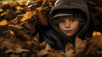 ai genererad liten pojke omslag i höst löv och skuggor foto