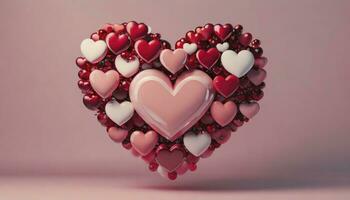 ai genererad hjärta av sfärer. en flerfärgad sammansättning av rosa, röd glas, och metallisk sfärer formning en hjärta form, tillverkad i en 3d återges visa av kärlek och harmoni. foto