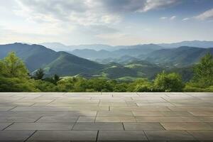 ai genererad fyrkant golv och grön berg natur landskap. ai genererad. foto