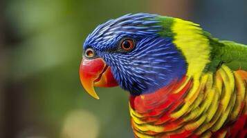 ai genererad sida se närbild av skön och färgrik lorikeet grön naken fågel. generativ ai foto