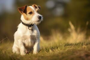 ai genererad Lycklig domkraft russell terrier sällskapsdjur hund väntar, lyssnande i de gräs. ai genererad foto