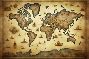 ai genererad bra detaljerad illustration av de värld Karta i årgång stil. ai genererad foto
