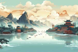 ai genererad kinesisk landskap Karta, avlägsen berg, klar floder, gammal byggnader, fartyg, fåglar, moln och dimma, lysande ljus, ai generativ foto