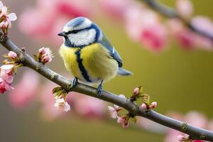 ai genererad en bluetit fågel vilar på de gren av en träd. ai genererad. foto