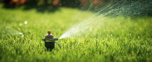 ai genererad automatisk trädgård gräsmatta sprinkler i verkan vattning gräs. ai genererad foto