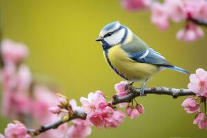 ai genererad en bluetit fågel vilar på de gren av en träd. ai genererad. foto