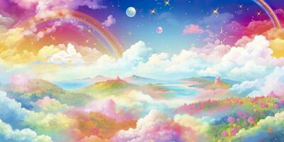 ai genererad fantasi himmel regnbåge. fe- himmel regnbågar färger, magi landskap och dröm himmel. generera ai foto
