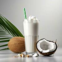 ai genererad kokos mjölk skaka glas med färsk skivad kokos. generativ ai foto