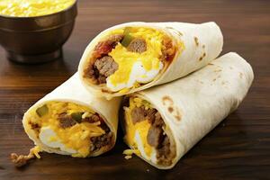 ai genererad frukost burrito med korv, ägg, hashbrown och ost. ai genererad foto