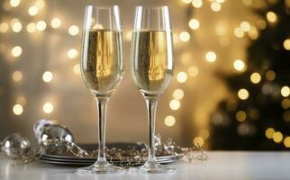 ai genererad glasögon med champagne på de bakgrund av jul dekorationer. ai genererad foto