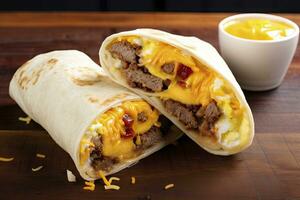ai genererad frukost burrito med korv, ägg, hashbrown och ost. ai genererad foto