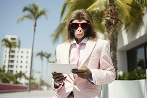 ai genererad en apa är bär solglasögon, kostym och stående på gata. ai genererad foto