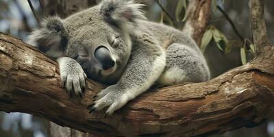 ai genererad koala sovande i träd. ai genererad foto