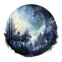 ai genererad skog måne silhuett med fe- lysande i de natt himmel på en vit bakgrund. ai genererad foto