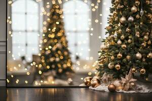 ai genererad defocused jul träd med många annorlunda dekorationer. ai genererad foto