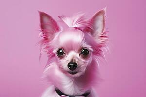 ai genererad rosa färgad hund på rosa bakgrund. ai genererad foto