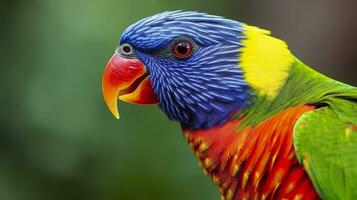 ai genererad sida se närbild av skön och färgrik lorikeet grön naken fågel. generativ ai foto