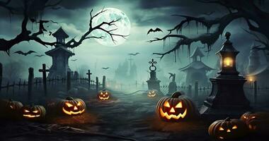 ai genererad pumpor i kyrkogård i de läskigt natt, halloween bakgrund. generativ ai foto