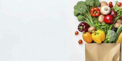 ai genererad friska mat i papper väska grönsaker och frukt på vit bakgrund. ai genererad foto