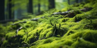 ai genererad grön mossa närbild, med en bakgrund av skog. skog i de nationell parkera. ai genererad foto